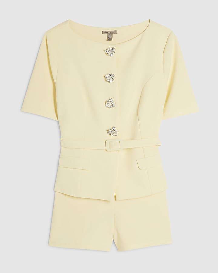 Yellow Short Sleeve Diamante Button Playsuit