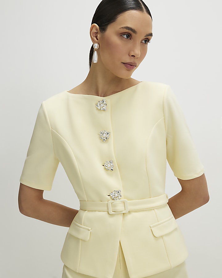 Yellow Short Sleeve Diamante Button Playsuit