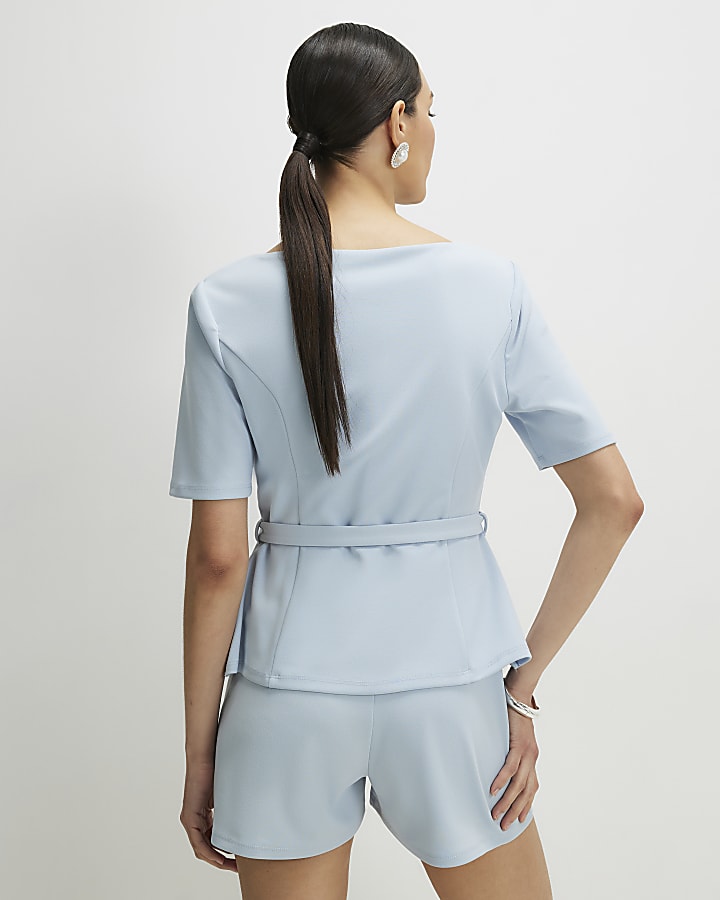 Blue Short Sleeve Diamante Button Playsuit