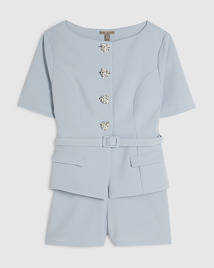 Blue Short Sleeve Diamante Button Playsuit