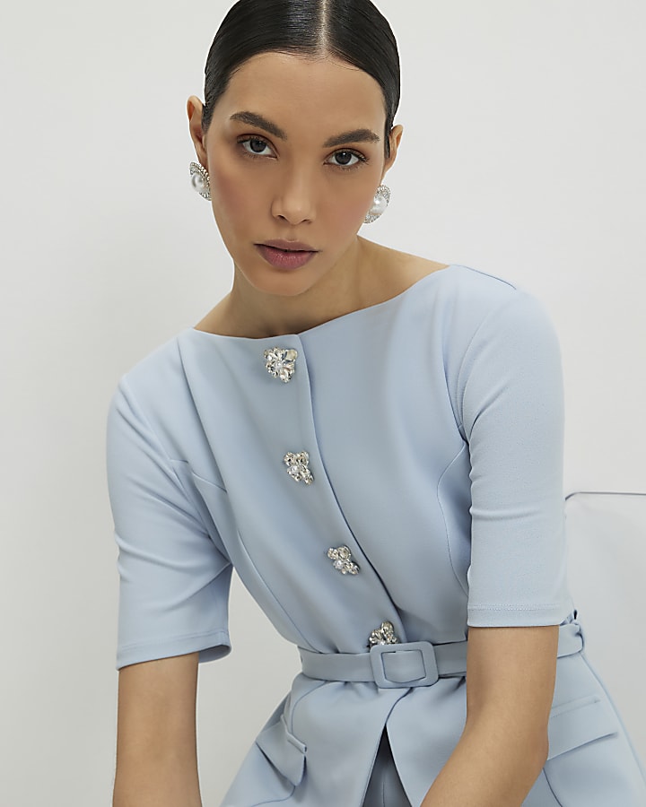 Blue Short Sleeve Diamante Button Playsuit