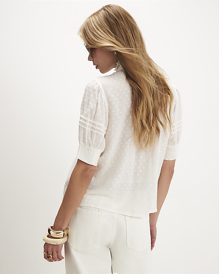 Cream Embroidered Pintuck Blouse