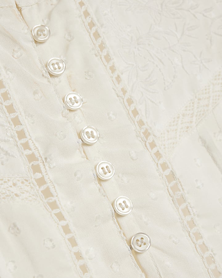 Cream Embroidered Pintuck Blouse