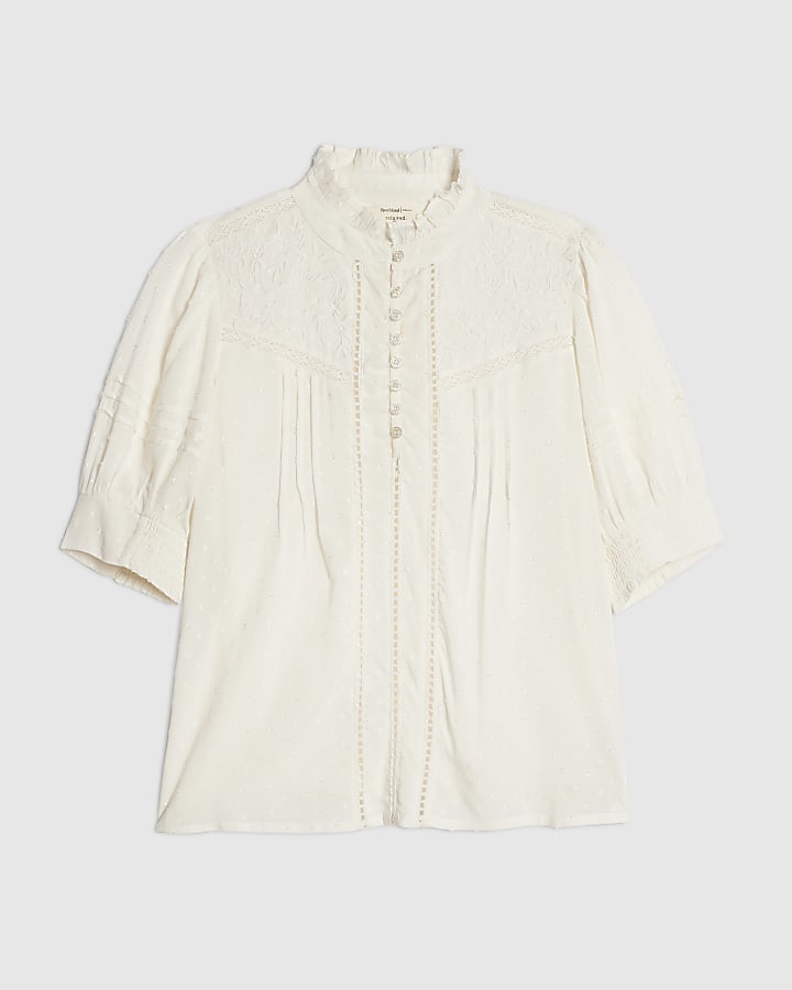 Cream Embroidered Pintuck Blouse