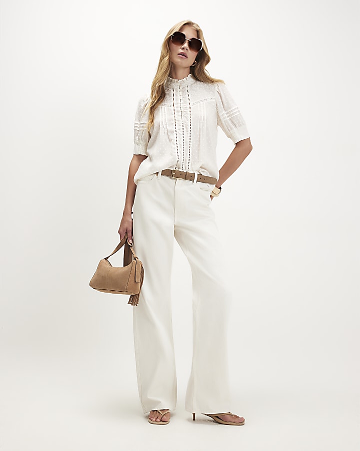 Cream Embroidered Pintuck Blouse