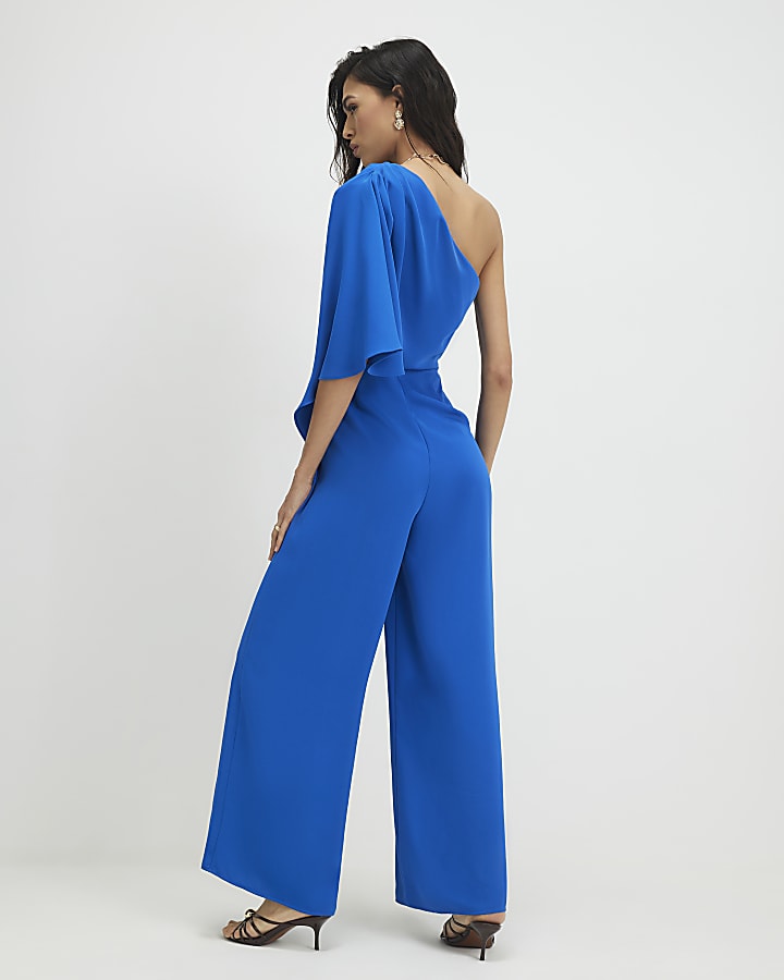 Blue One Shoulder Overlay Jumpsuit