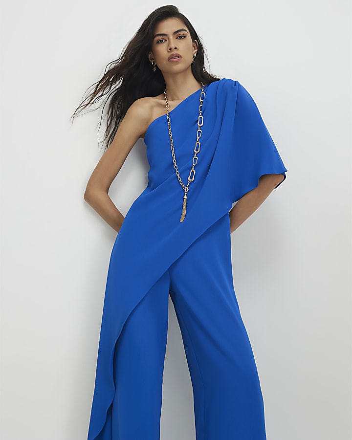 Blue One Shoulder Overlay Jumpsuit
