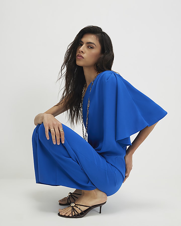 Blue One Shoulder Overlay Jumpsuit