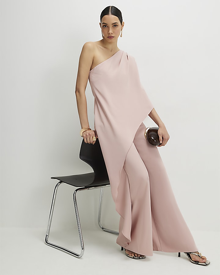 Pink One Shoulder Overlay Jumpsuit