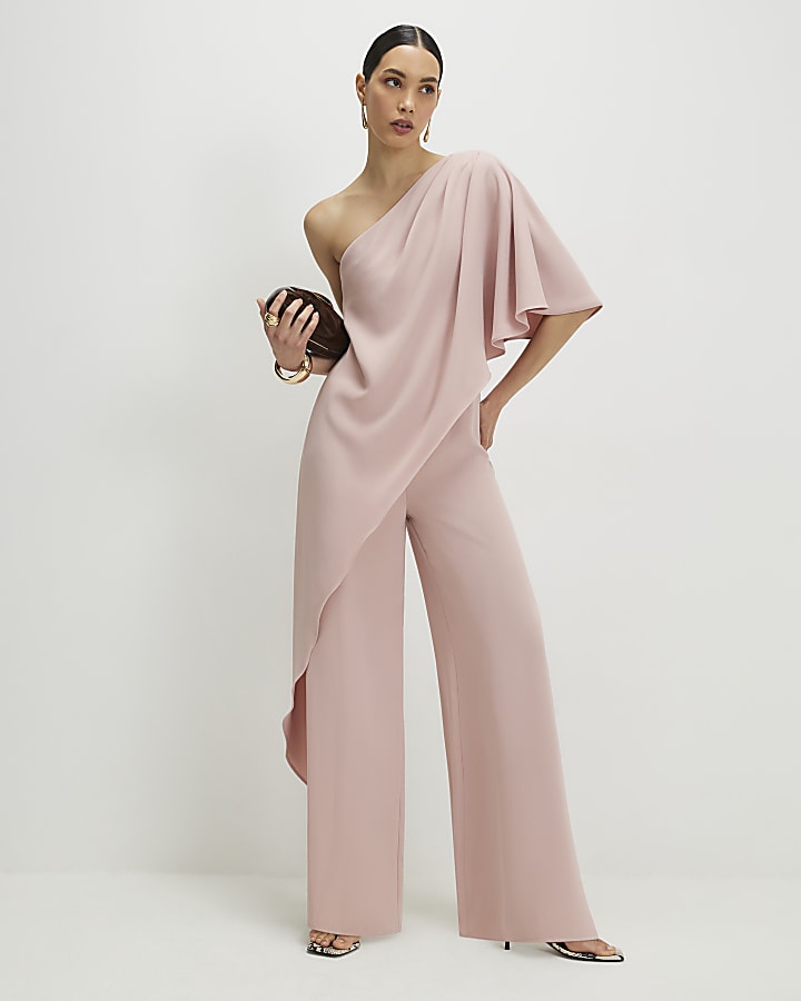 Pink One Shoulder Overlay Jumpsuit