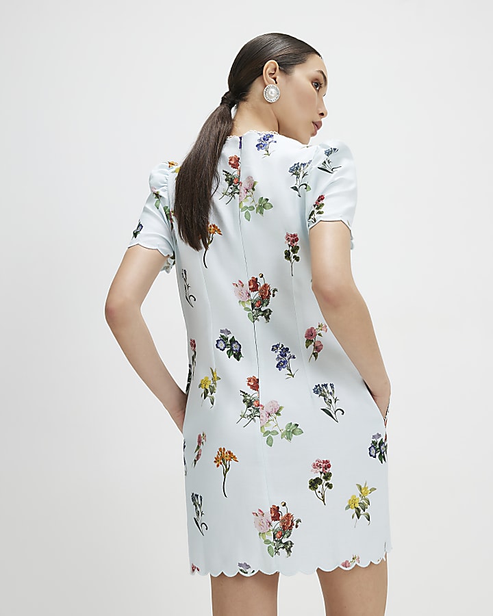Blue Floral Scallop Trim Mini Shift Dress