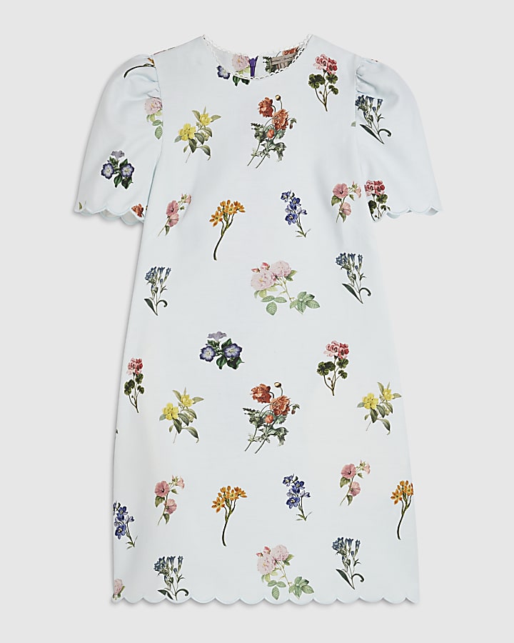 Blue Floral Scallop Trim Mini Shift Dress