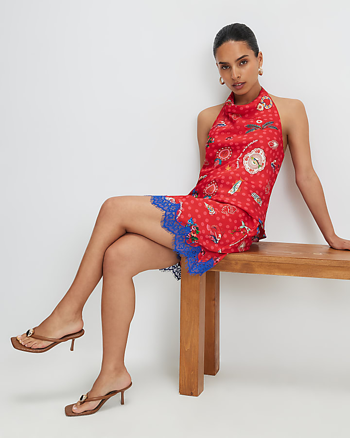 Petite Red Printed Lace Trim Mini Skirt