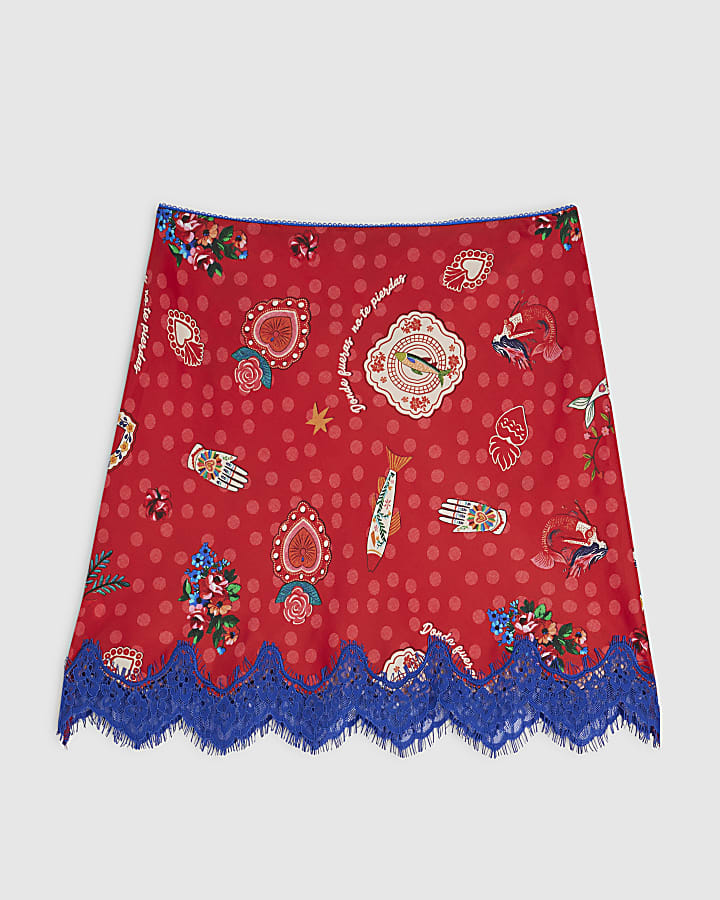 Petite Red Printed Lace Trim Mini Skirt