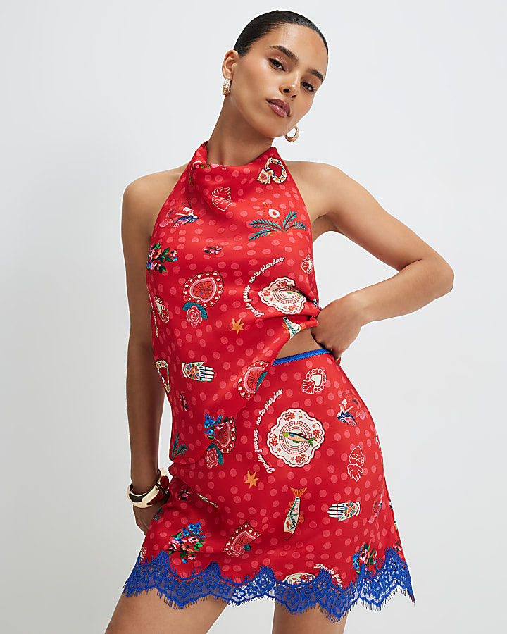 Petite Red Printed Lace Trim Mini Skirt