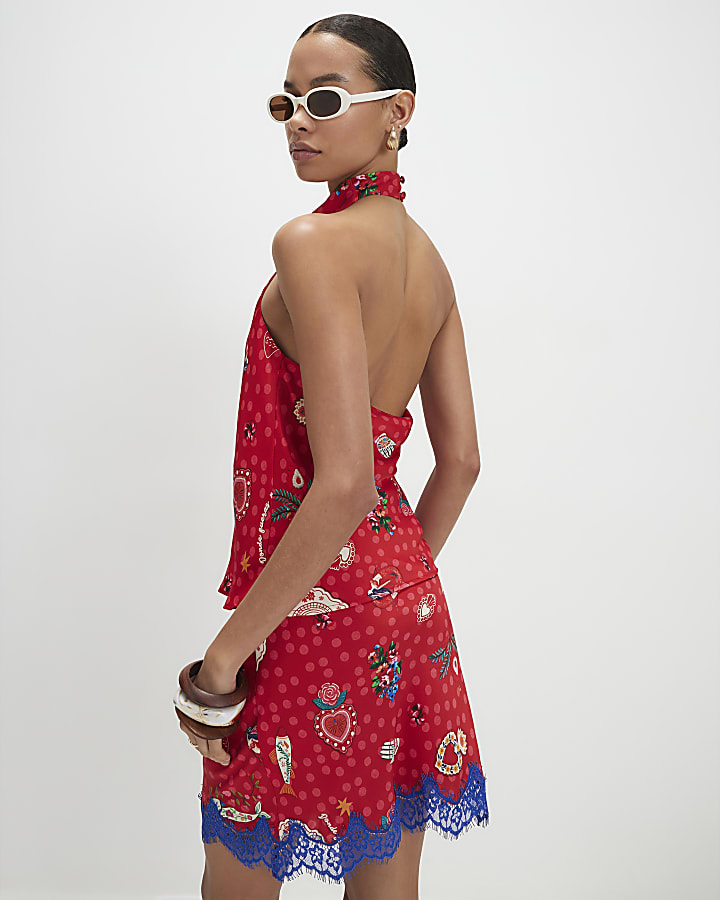 Red Satin Printed Lace Trim Mini Skirt