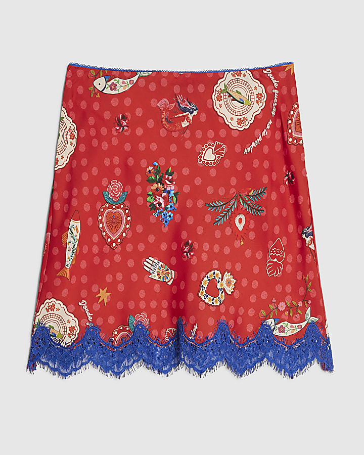 Red Satin Printed Lace Trim Mini Skirt