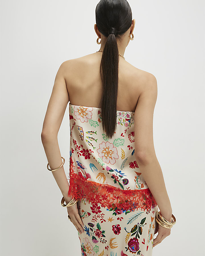 Cream Lace Trim Printed Bandeau Top