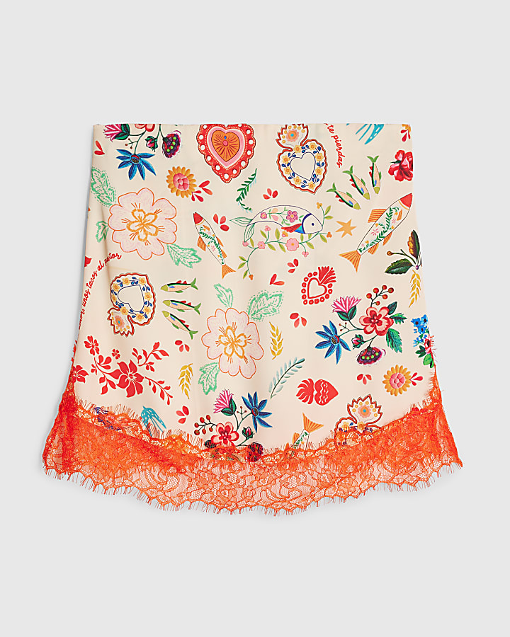 Cream Lace Trim Printed Bandeau Top