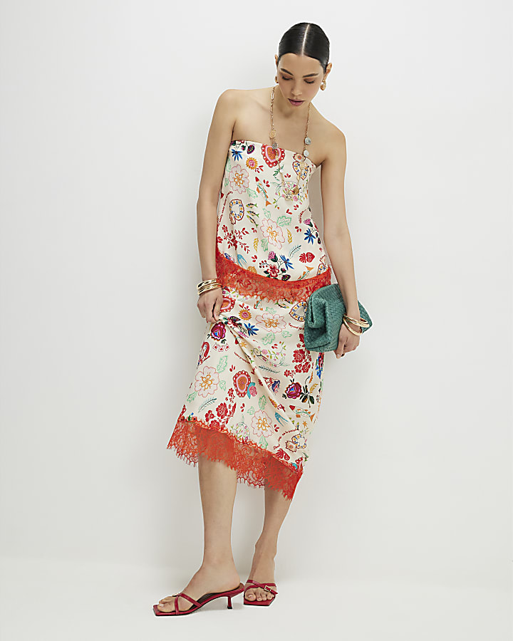 Cream Lace Trim Printed Bandeau Top