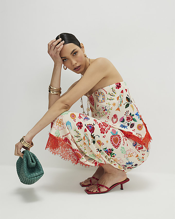 Cream Lace Trim Printed Bandeau Top