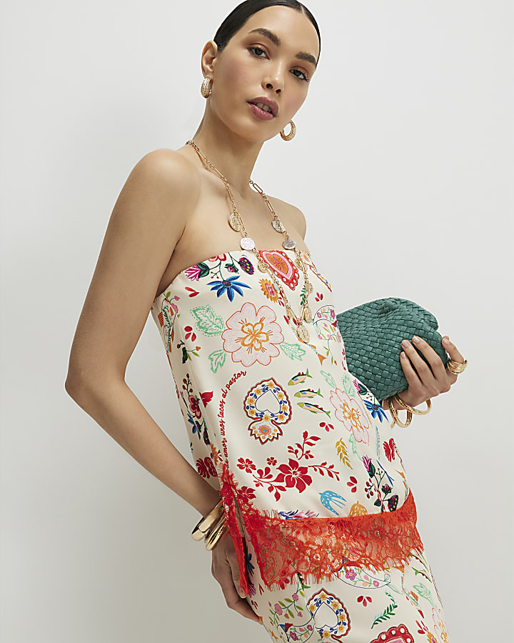 Cream Lace Trim Printed Bandeau Top