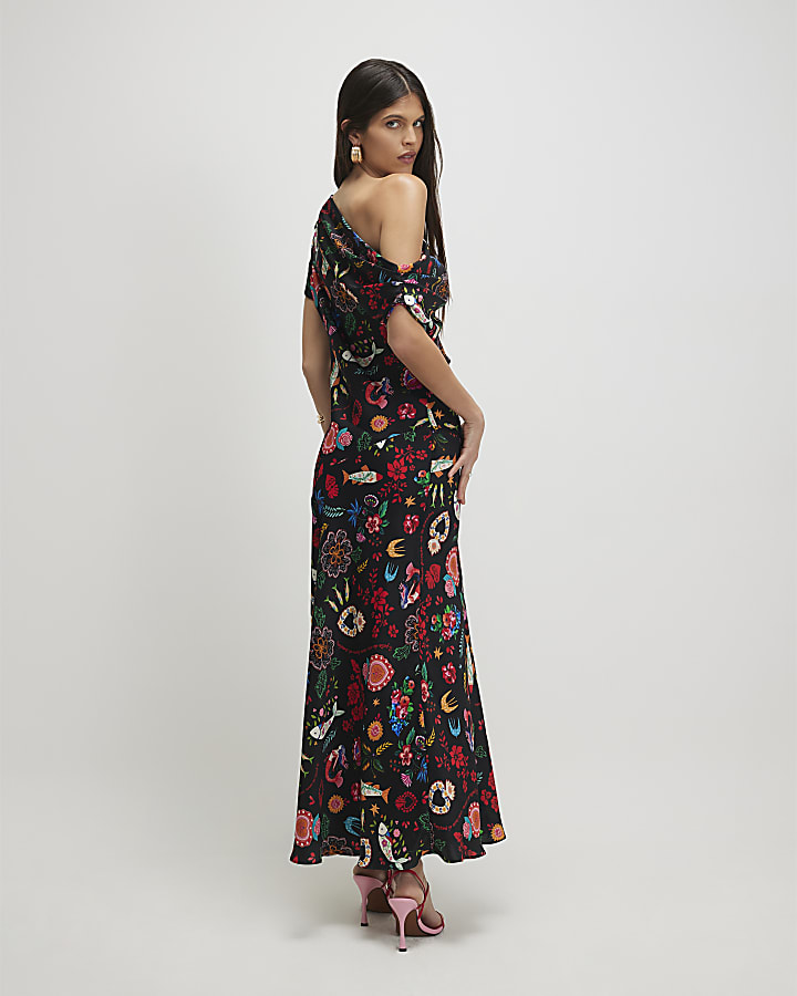 Black Satin Printed Asymmetric Maxi Dress