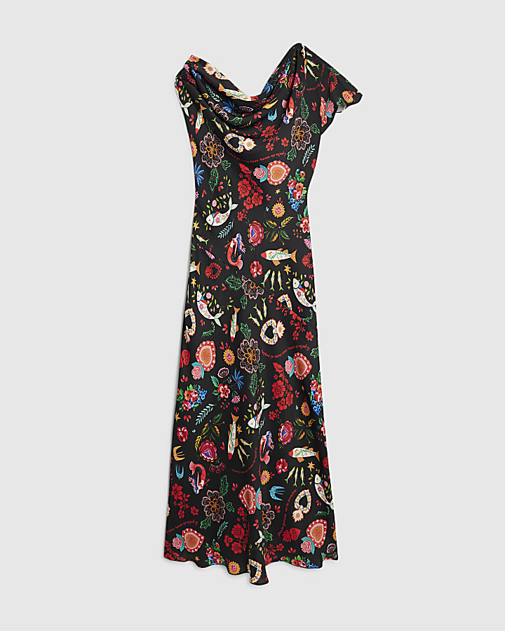 Black Satin Printed Asymmetric Maxi Dress