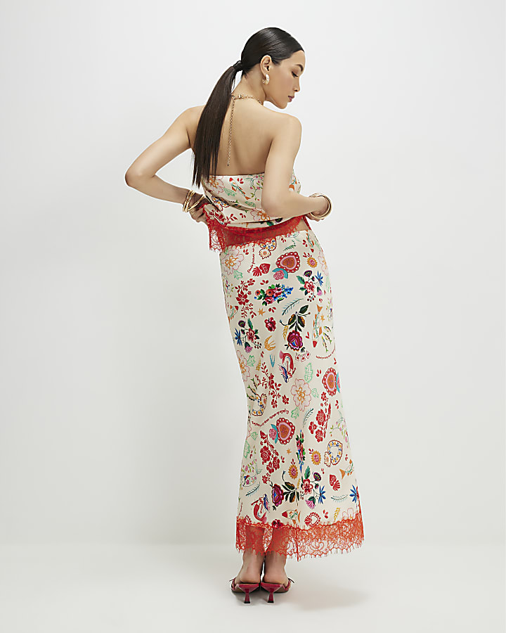 Cream Lace Trim Printed Slip Skirt