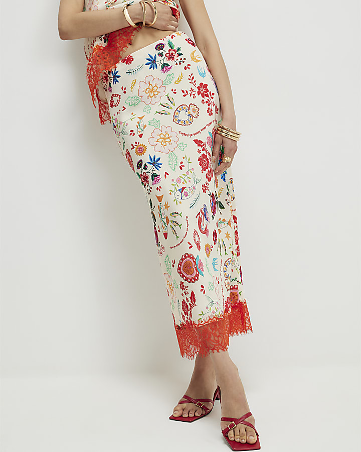 Cream Lace Trim Printed Slip Skirt