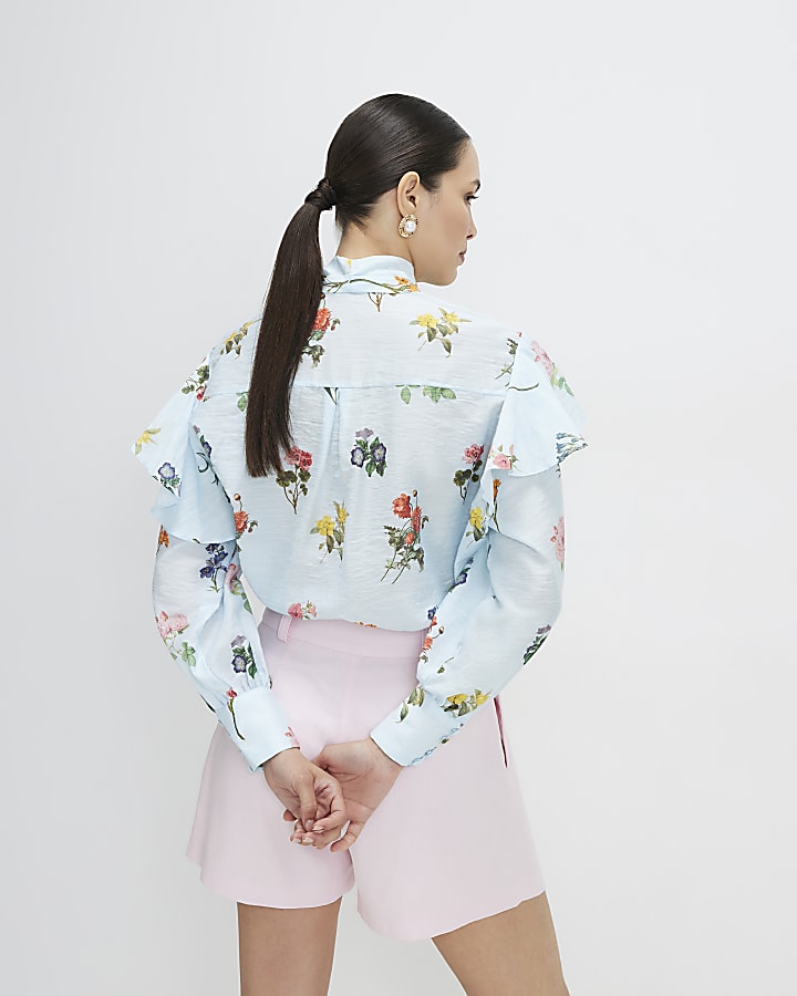 Blue Floral Pussybow Long Sleeve Blouse