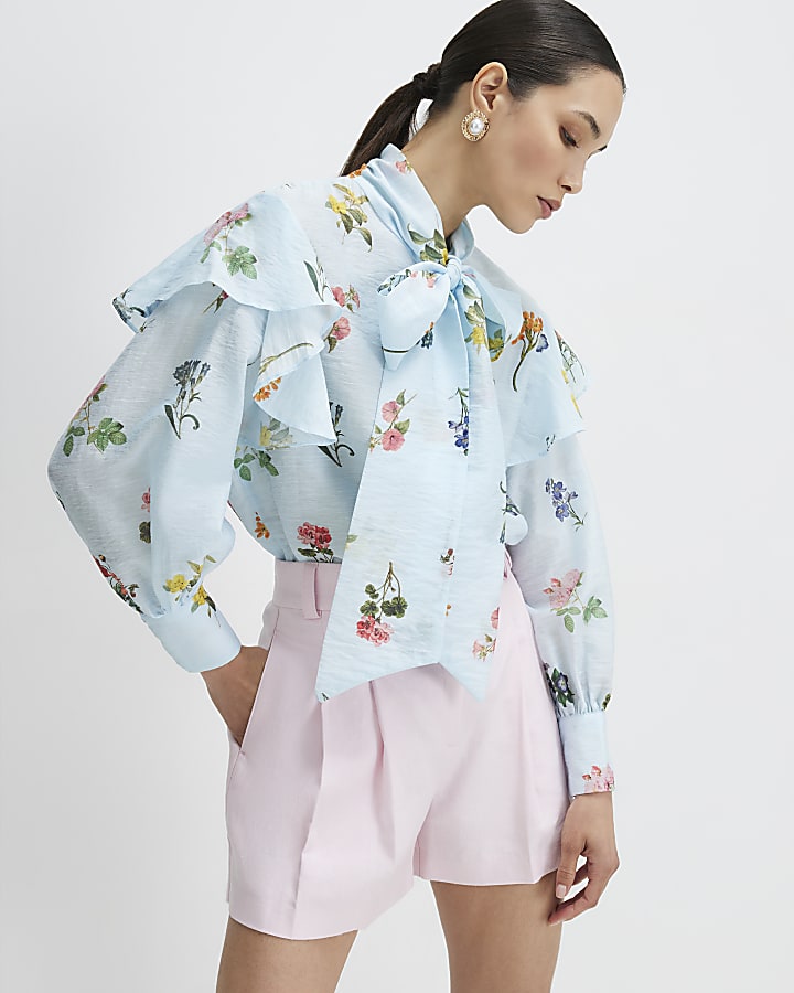 Blue Floral Pussybow Long Sleeve Blouse