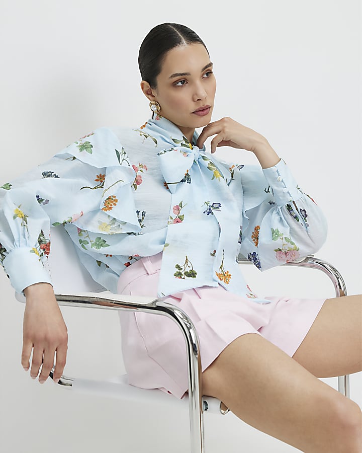 Blue Floral Pussybow Long Sleeve Blouse