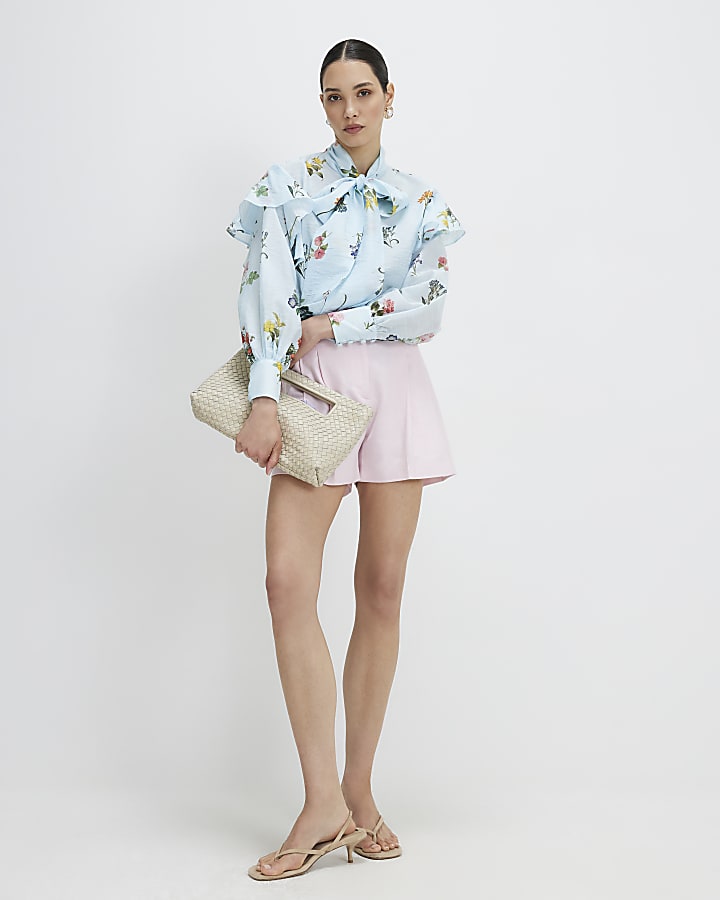 Blue Floral Pussybow Long Sleeve Blouse