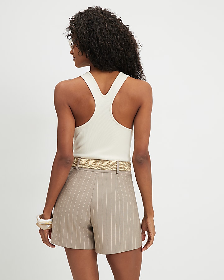 Brown Stripe Structured Belted Shorts