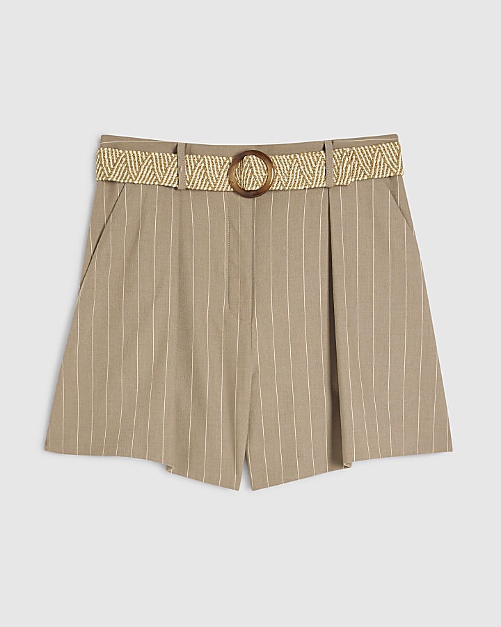 Brown Stripe Structured Belted Shorts
