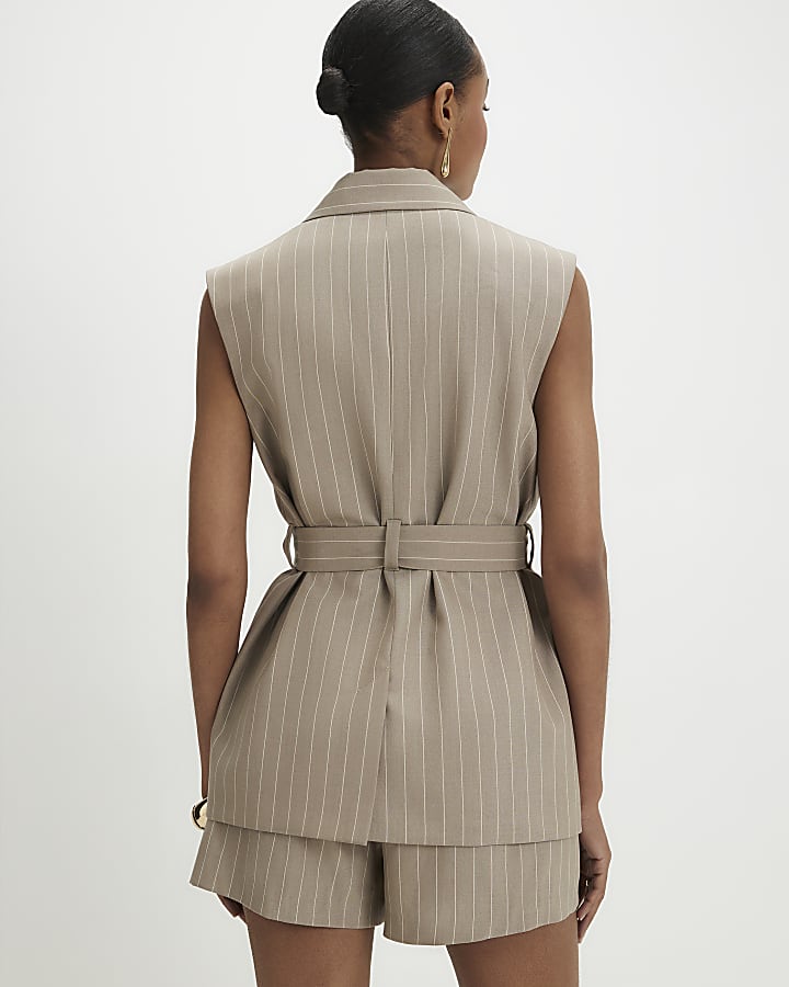 Beige Sleeveless Tie Waist Longline Waistcoat