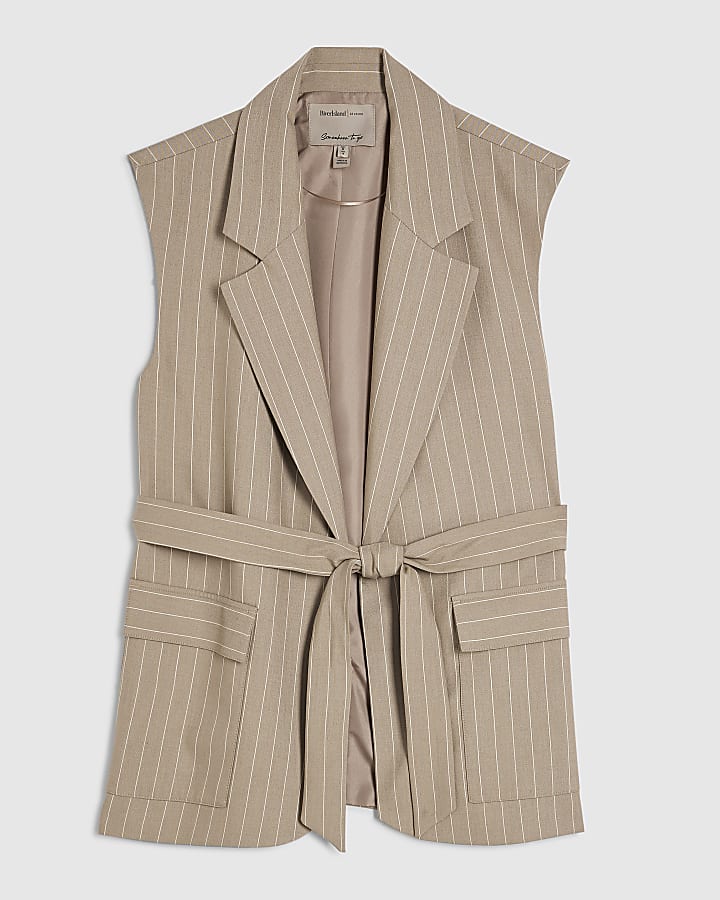 Beige Sleeveless Tie Waist Longline Waistcoat