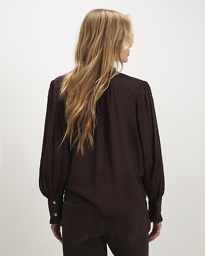 Brown Textured Tie Neck Blouse