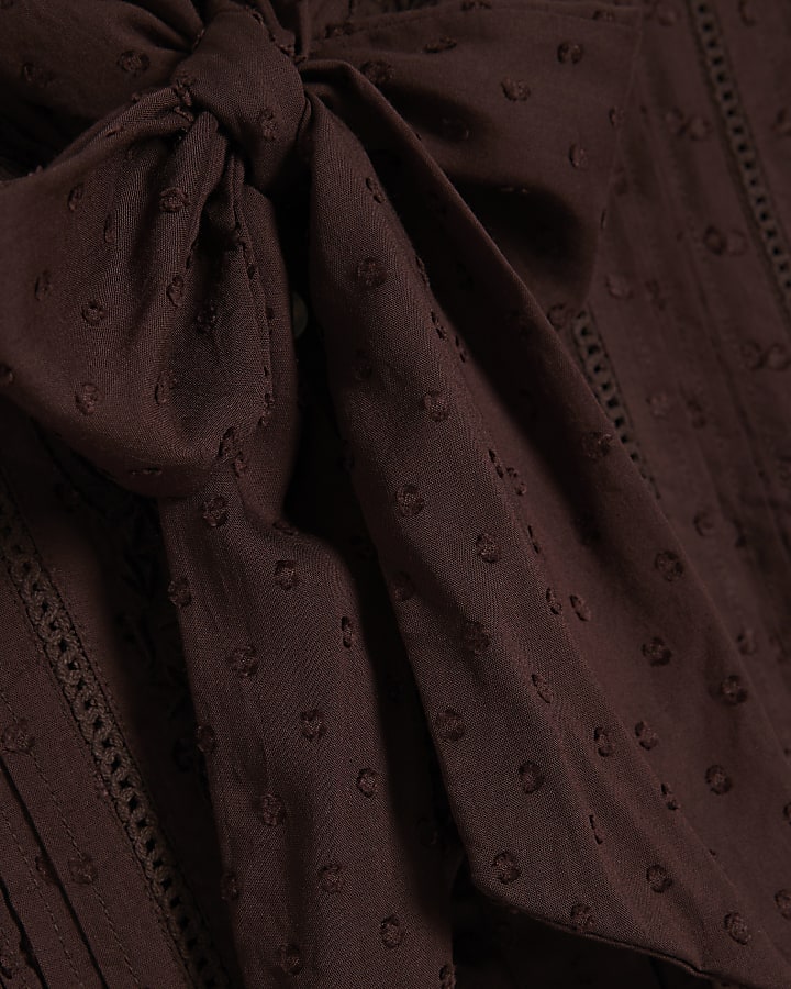 Brown Textured Tie Neck Blouse