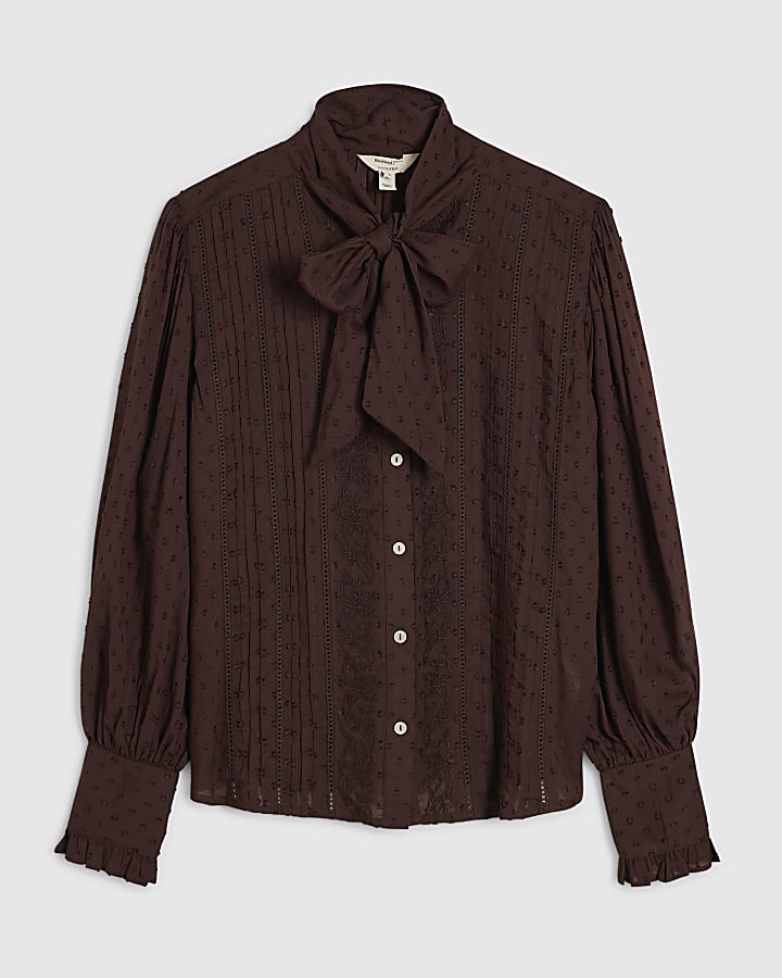 Brown Textured Tie Neck Blouse