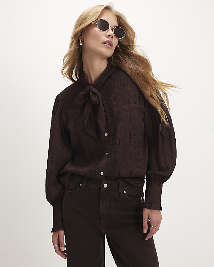 Brown Textured Tie Neck Blouse