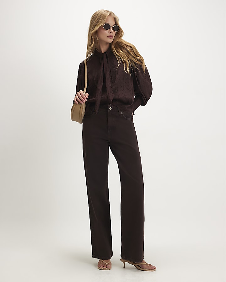 Brown Textured Tie Neck Blouse