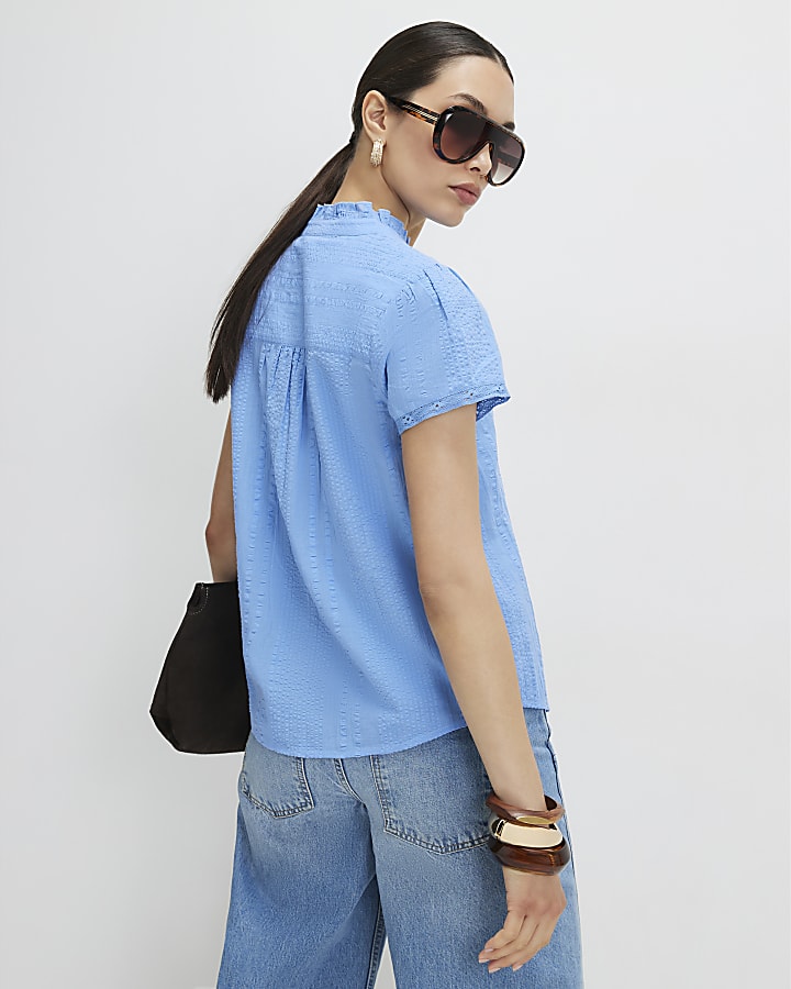 Blue Cotton Short Sleeve Lace Detail Top