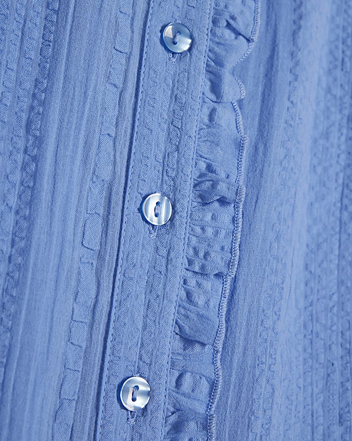 Blue Cotton Short Sleeve Lace Detail Top