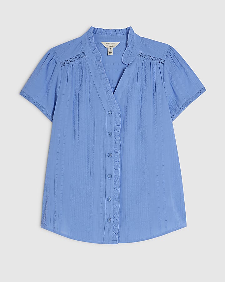 Blue Cotton Short Sleeve Lace Detail Top