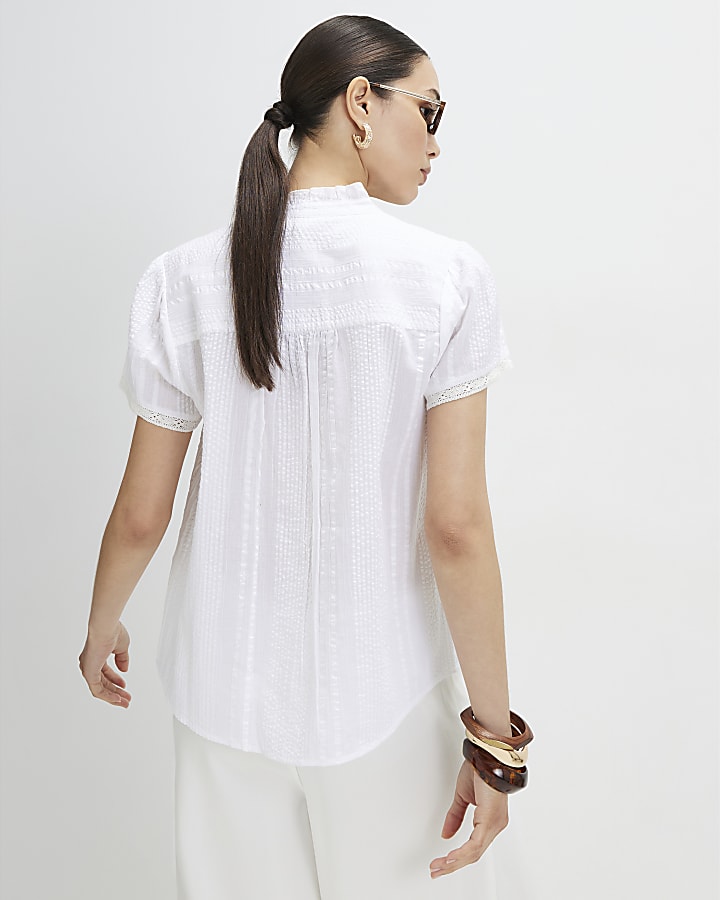 White Cotton Short Sleeve Lace Detail Top