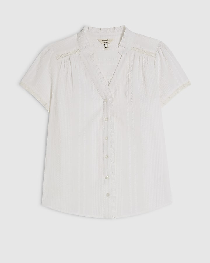 White Cotton Short Sleeve Lace Detail Top