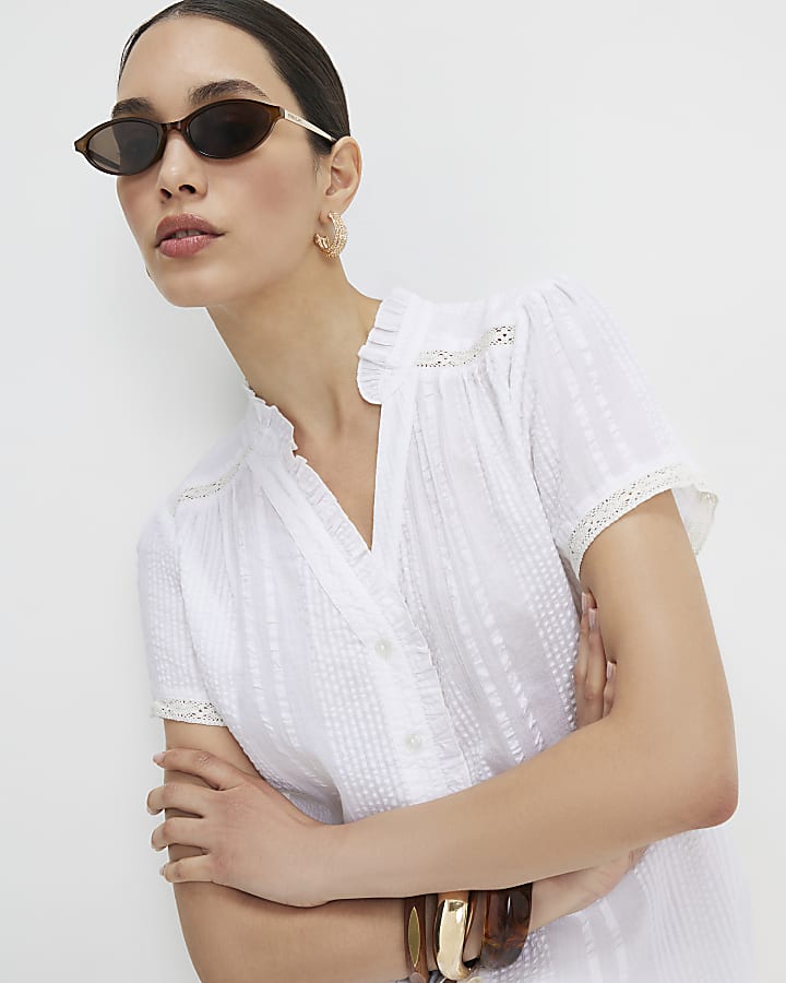 White Cotton Short Sleeve Lace Detail Top
