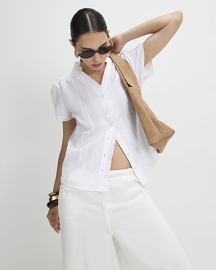 White Cotton Short Sleeve Lace Detail Top